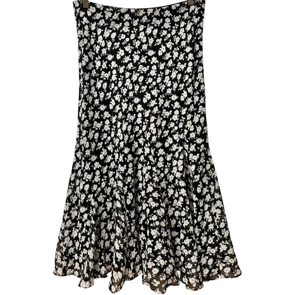 Vintage Lauren Ralph Lauren Black / White Floral Silk Ruffle Midi Boho Skirt Med - Picture 1 of 4